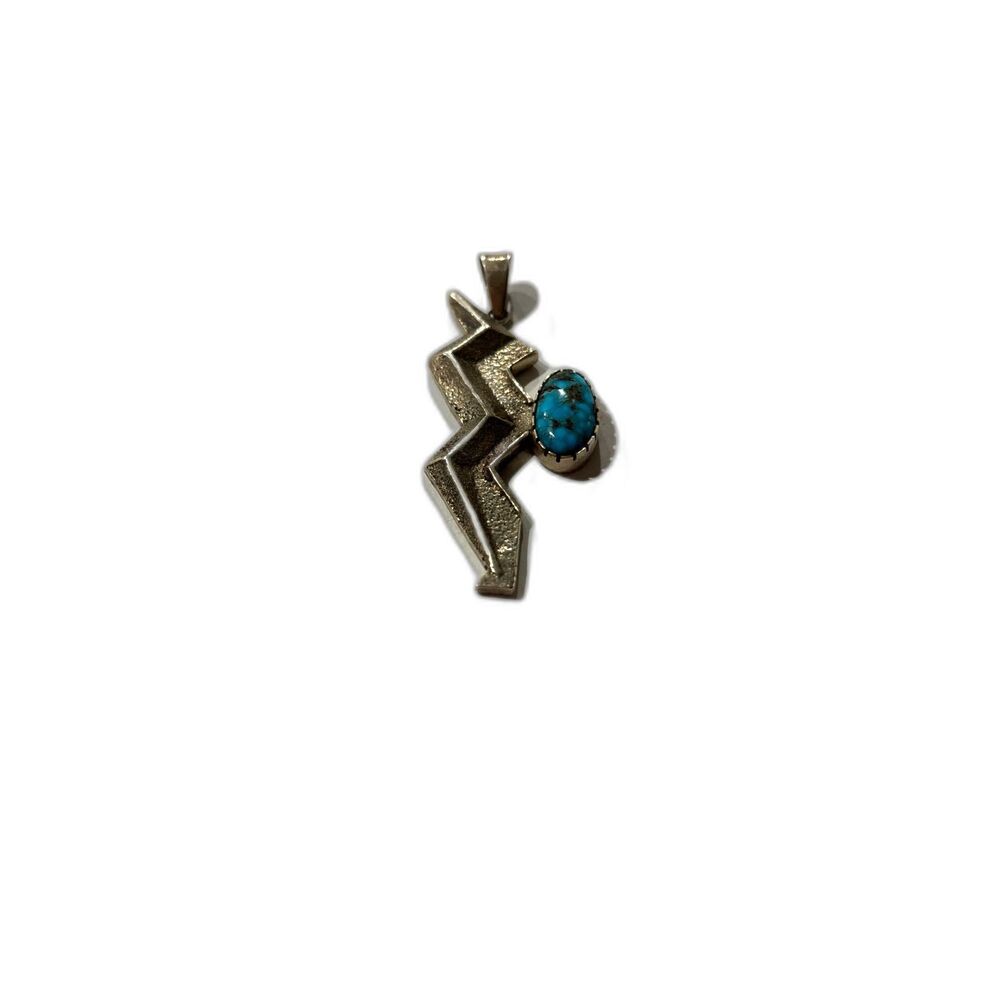 Vintage Lightening bolt pendant turquoise silver signed necklace charm southwest